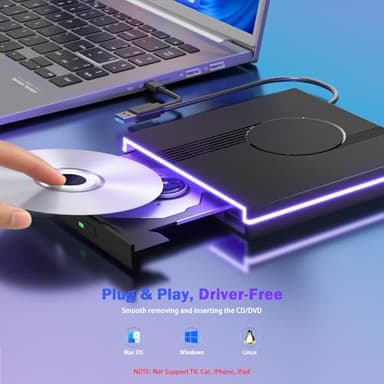 RGB External CD/DVD Drive for Laptop, External CD Drive USB 3.0 Type-C Portable DVD Player, CD Burner +/-RW Optical Drive, Slim CD ROM External Drive for Laptop Desktop PC Windows Mac (Black) - Image 3