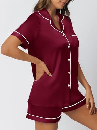 LILLUSORY Silk Satin Pajama Set for Women 2 Piece Lounge Pjs Shorts Matching Summer Sleepwear Button Down Shirt Shorts Burgundy XS - Image 3