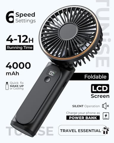 TUNISE Portable Handheld Fan, 4000mAh, 180 Adjustable, 6 Speed Wind, Display Electricity in Real Time, USB Rechargeable Foldable Personal Fan - Image 2