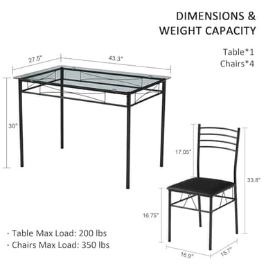 VECELO Kitchen Dining Table and Chairs Set for 4, PU Padded Seat & Glasses Tabletop, Space Saving, Matte Black - Image 2