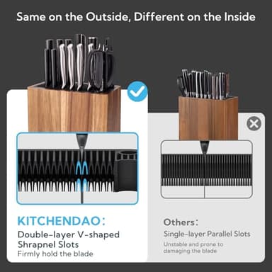 KITCHENDAO XL Acacia Wood Universal Knife Block with Slots for Scissors and Sharpening Rod, Safe, Space Saver Knives Storage Stand Display without Knives, Unique Slot Design to Protect Blade - Image 4