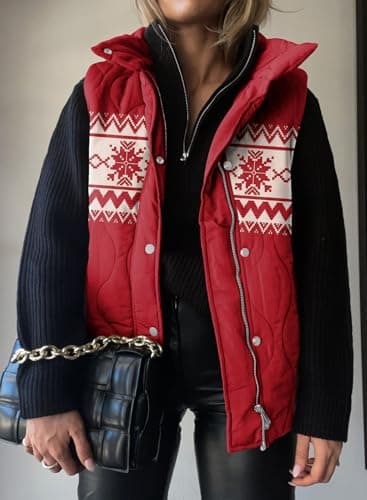 EVALESS Womens Fashion Cropped Christmas Puffer Vest Fall 2025 Lightweight Quilted Stand Collar Sleeveless Button Down Jackets Winter Warm Coat Outerwear Gilet with Pockets Red X-Large - Image 2