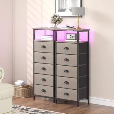 sthmec Nightstand with Charging Station,LED Grey Nightstand with 5 Fabric Drawers, Bedside End Tables, 2-Tier Open Storage Shelf Side Table Nightstand with Drawers for Bedroom, Grey - Image 7