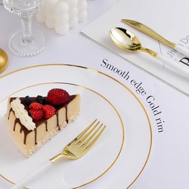 Bestluck 100PCS White Plastic Plates with Gold Rim, White Gold Disposable Plates for Party, Wedding, Include 50 Dinner Plates, 50 Dessert Plates for 50 Guests - Image 8