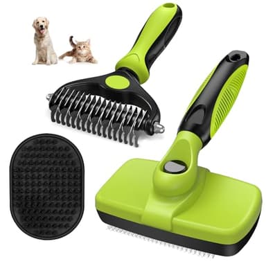 3PCS Self Cleaning Slicker Brush & Pet Grooming Rake & Bath Brush for Dogs,Cats and Horses | Double-Sided Dematting Comb & Skin Friendly Deshedding Grooming Tool | Premium Pet Supplies(Green Black) - Image 1