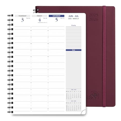 POPRUN 2025-2026 Academic Planner Spiral Bound, 8.5'' x 11.25'' Appointment Book (July 2025-June 2026) Quarter-Hourly Weekly Schedule, Leather Cover, Monthly Tabs, 2 Inner Pockets - Claret - Image 1