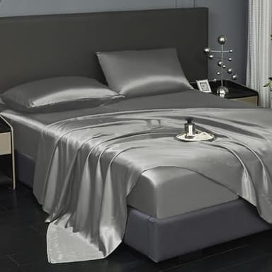 Revdomfly 4 Pcs Queen Size Luxury Silky Soft Cray Satin Sheet Set,1 Premium Moisture Wicking Fitted Sheet Fits Up to 16 Inches Deep Pocket + 1 Flat Sheet + 2 Pillowcases（Gray, Queen） - Image 2