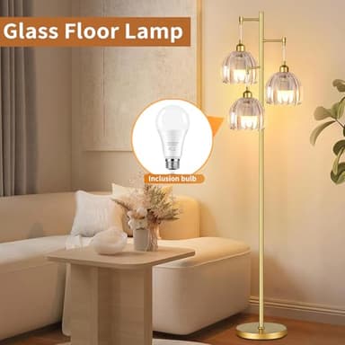 QIYIZM Gold Floor Lamp for Living Room,Bedroom,Tree 3 Light Standing Lamp Mid Century Modern Brass Tall Floor Lamps Vintage Retro Floor Lights Glass Flower Amber Lamp Shade Farmhouse Boho Bohemian - Image 4
