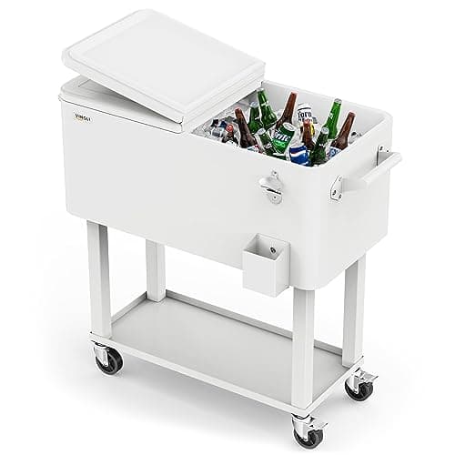 VINGLI 80 Quart Rolling Ice Chest, Portable Patio Party Bar Drink Cooler Cart, with Shelf, Beverage Pool with Bottle Opener (White) - Image 1
