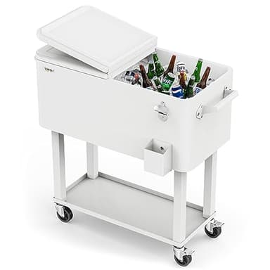 VINGLI 80 Quart Rolling Ice Chest, Portable Patio Party Bar Drink Cooler Cart, with Shelf, Beverage Pool with Bottle Opener (White) - Image 1