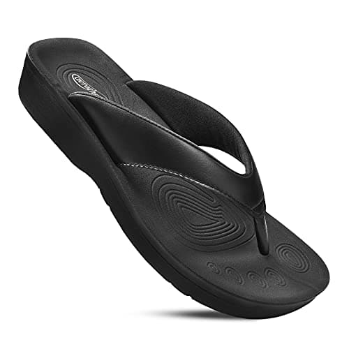 AEROTHOTIC Arch Support Flip Flops for women Stylish Cushioned Padded Straps with Soft Toe Post Slip on Footwear Dressy Travel Recovery Outdoor Comfortable Walking Sandals (Ravine Black, Size 11) - Image 1