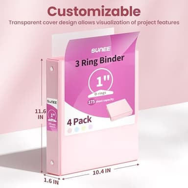 SUNEE 3 Ring Binder 1 Inch 4 Pack, Clear View 1" Binders Three Ring PVC-Free (Fit 8.5x11 Inches) for School or Office Supplies, Assorted Pastel - Image 7