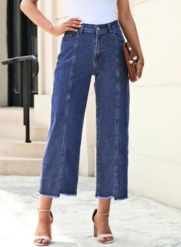 Sidefeel Women's High Waisted Capri Jeans Wide Leg Woman Straight Leg Summer Ankle Denim Pants Blue Size 8 - Image 4