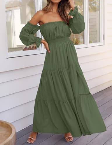 ZESICA Women's 2025 Boho Sexy Off Shoulder Long Sleeve Smocked High Waist Side Split Flowy A Line Tiered Long Maxi Dress,Olive,Medium - Image 3