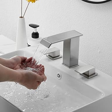 Bathroom Faucet Brushed Nickel Widespread GGStudy 3 Holes 2 Handle Waterfall Modern Bathroom Sink Faucet with Pop Up Drain - Image 8