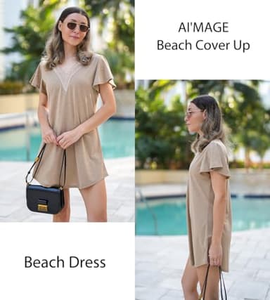 AI'MAGE Women's Swimsuit Coverups Bikini Beach Swimwear Cover Up V Neck Bathing Suit Cover Up Beach Dress Khaki L - Image 2