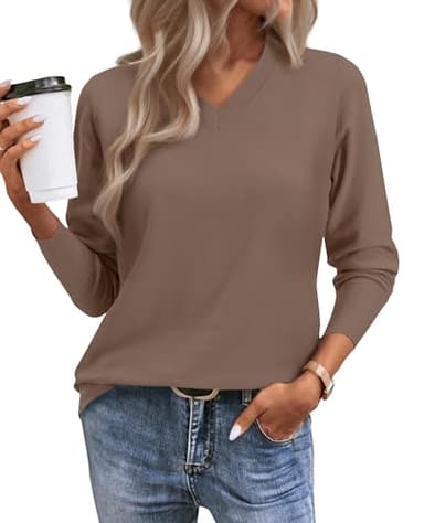 Womens Sweaters Dressy Casual V Neck Fashion Y2k Ladies Sweaters Long Sleeve Shirt Women 2024 Work Office Tops Sweatshirts Lightweight Thin Top Khaki M - Image 1