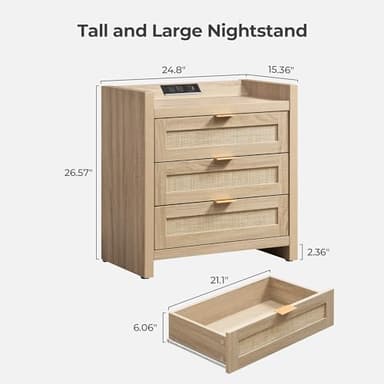 SICOTAS Rattan Nightstands Set of 2 Bedside Table - Larger Night Stand with Type-C Charging Station, 3 Drawers Storage, Boho Night Stands End Table for Bedroom Office - Light Oak - Image 3