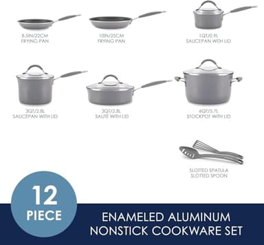 Rachael Ray - 16802 Rachael Ray Cucina Nonstick Cookware Pots and Pans Set, 12 Piece, Sea Salt Gray - Image 2