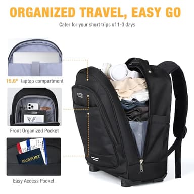 Ponhog Rolling Backpack, 15.6 inch Laptop Backpack with 4 Spinner Wheels, Carry on Travel Backpack Water Resistant Wheeled Backpacks for Women Men Suitable for Overnight College Work, Black - Image 2
