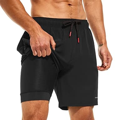 HODOSPORTS Mens Swimsuit Trunks 7" Quick-Dry Swim Shorts with Compression Liner and Zipper Pockets (Large,Black) - Image 1