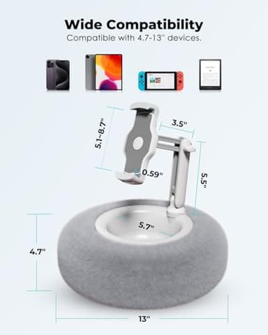 Viozon Tablet Stand Pillow, Compatible with 4.7"-13" Phone/Tablet, iPad, iPhone, Samsung, Google, Kindle, 360°Adjustable Phone Holder for Bed with Soft Plush Fabric, and Detachable Bowl, Grey - Image 3