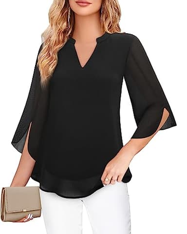 Bebonnie Womens Blouses for Work Professional,3/4 Bell Sleeve Tops and Blouses Plus Size Office Date Night Wear Business Casual V Neck Chiffon Professional Interview Clothes Black XXL - Image 2