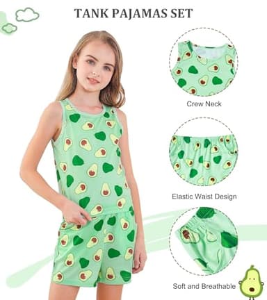 uideazone Pajamas for Girls Size 9-10 Cute Acocado 3 Pieces Nightwear Kids Pjs Set Cute Tank Top Shorts Sleepwear Soft Loungewear - Image 7