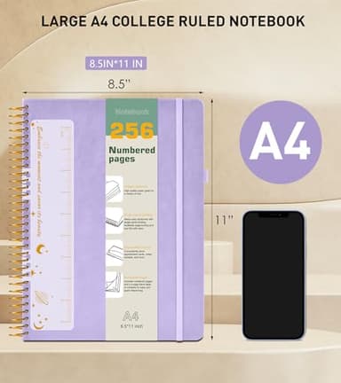 A4 Spiral Notebook Journal 8.5” x 11”, 256 Numbered Pages Hardcover Leather Journals for Women Men, Large Lined College Ruled Notebooks, 100GSM Thick Paper, Spiral Bound Journal for Work School, Purple - Image 4