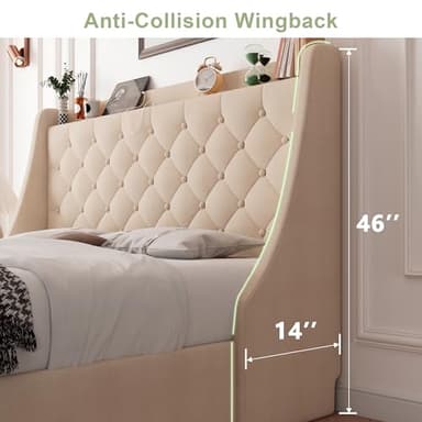 Feonase King Size Bed Frame with 4 Storage Drawers, Upholstered Storage Bed with Charging Station, Tufted Wingback Headboard, No Box Spring Needed, Beige - Image 2