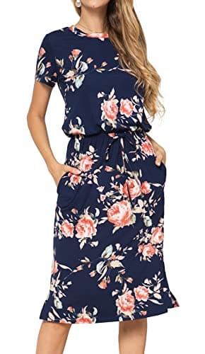 Womens Spring Pockets Modest Work Casual Midi Knee Length Dress Floral Navy XL - Image 1