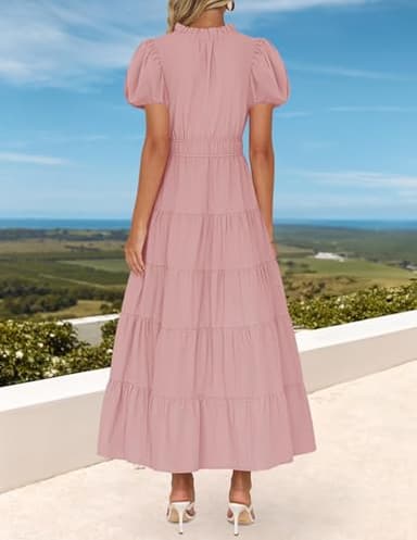 ZESICA Women's Summer Casual Maxi Dress 2025 Puff Short Sleeve V Neck Ruffle Tiered Flowy Boho Beach Dresses,Dusty Pink,Medium - Image 3