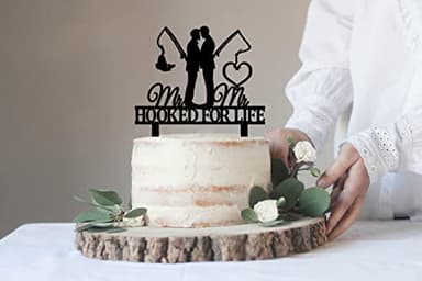 Gay Wedding Cake Topper - HOOKED FOR LIFE - Funny Fishing Gay Wedding Cake Topper, Mr & Mr Wedding Cake Topper (Fishing Gay) - Image 2