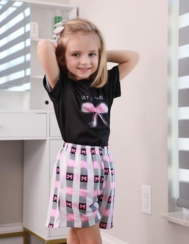 Arshiner Girls Pajamas Set Short Sleeve Pjs Sleepwear 3PCS Summer Lounge Sets Nightwear Bow Plaid 5-6Years - Image 4