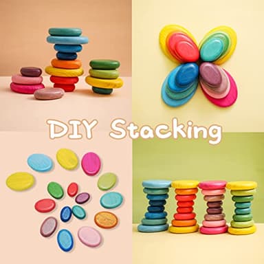 OESSUF 16pcs Extra-Large Wooden Sorting Stacking Rocks - Safe Montessori Toys for 1-3 Year Old, Waldorf Wooden Blocks for Toddlers 1-3, Smooth Stacking Stones for Toddlers, for Kids - Image 3