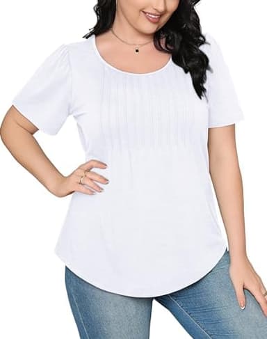 OFEEFAN Womens T Shirts Short Sleeve Pleated Dressy Casual Scooped Neck Summer Tops Blouses - Image 2
