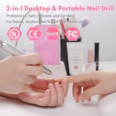 Makartt Nail Drill Professional: 60W 35000RPM Electric Nail File with Coreless Motor, 2 in 1 Desktop & Portable, Drill Bits and LCD Display for Acrylic Gel Nails, Nouvella Pink - Image 7