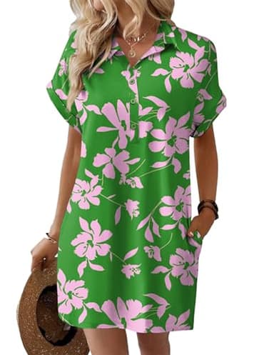 HOTOUCH Loose Fit Dresses for Women 2025 Summer Beach Button Down Short Sleeve Dress Fashion Cover Up Sundress Green XL - Image 1