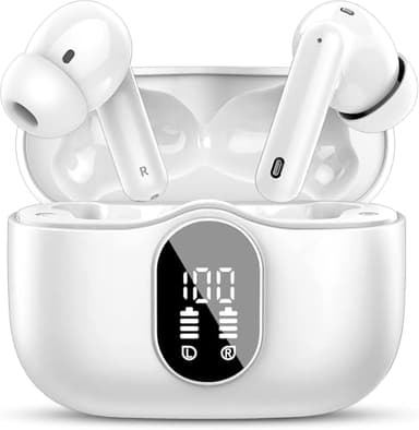 Wireless Earbuds, Bluetooth 5.4 Headphones Bass Stereo, Ear Buds with Noise Cancelling Mic, IP7 Waterproof in Ear Earphones, 36H LED Display Bluetooth Earbuds for Laptop Pad Phones Sports, White - Image 1