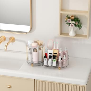 Makeup Organizer Countertop for Vanity, Rotating Perfume Tray with 5-compartment Cosmetic and Skincare Organizers, Multi-Purpose Desk Storage Makeup Brush Holder for Bathroom Bedroom Counter - Image 5