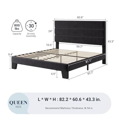 Allewie Queen Size Platform Bed Frame with Velvet Upholstered Headboard and Wooden Slats Support, Fully Upholstered Mattress Foundation/No Box Spring Needed/Easy Assembly, Black - Image 2