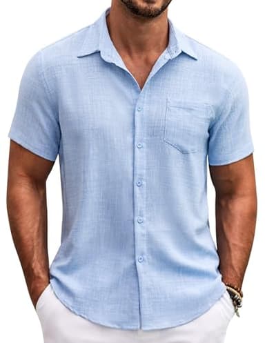 COOFANDY Mens Summer Button Down Shirts Short Sleeve Casual Summer Shirts Beach Wedding Shirts Light Blue - Image 1
