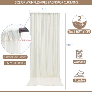 10x10ft Wrinkle Free Ivory Backdrop Curtain for Parties Soft Fabric Drapes Wedding Ivory Curtain Backdrop for Birthday Party Decorations Background for Photography 5x10ft,2 Panels - Image 3