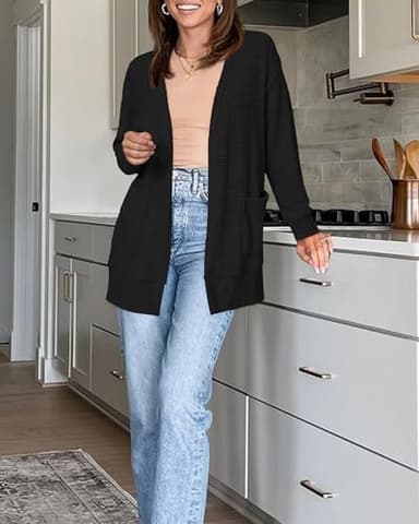 STYLEWORD Women's 2025 Fall Fashion Cardigan Sweater Summer Waffle Lightweight Open Front Knit Casual Long Cardigans Daily Outfits Clothes with Pockets(Black-XXL) - Image 4