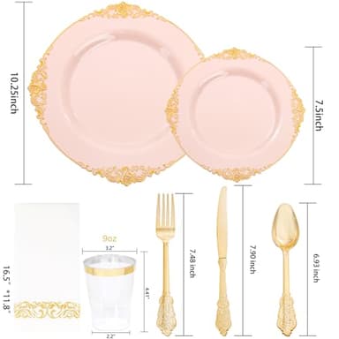 Nervure 350PCS Pink Plastic Plates - Pink Dinnerware Sets for 50 Guests - 100 Disposable Plates, 150 Gold Plastic Silverware, 50 Cups, 50 Napkins for Wedding & Party - Image 3