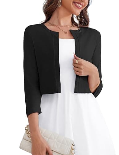 OmicGot Women's 3/4 Sleeve Cropped Cardigan Sweater Bolero Open Front Black Shrugs for Women Dresses S - Image 1