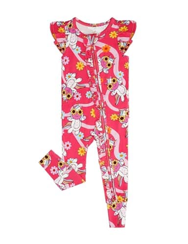 EASWEET Baby Girl Bamboo Viscose Ruffle Romper Zipper Jumpsuit, Footless, Cap Sleeve Infant Clothes, Unicorn Frolics, 0-3 Months - Image 1