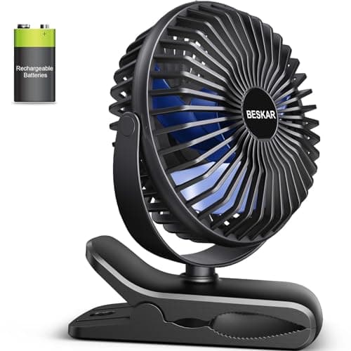BESKAR Portable Clip on Fan Rechargeable, 4 Speeds Small Battery Operated Fans, USB Desk Fan with Strong Airflow, Sturdy Clamp Fans for Golf Cart Office Outdoor Travel Camping - Image 1