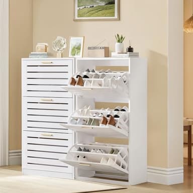 VECELO Shoe Cabinet Storage for Entryway with 3 Flip Drawers Slim Hidden Free Standing Organizer for Narrow Hallway, Bedroom, Living Room, Large Capacity, Modern, White, 3-Shelf - Image 8