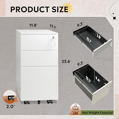 DEVAISE 3-Drawer Steel File Cabinet with Lock, Mobile Vertical White Rolling Metal Filing Cabinet for Home Office Storage, 17.1" D x 11.8" W x 23.6" H - Image 3